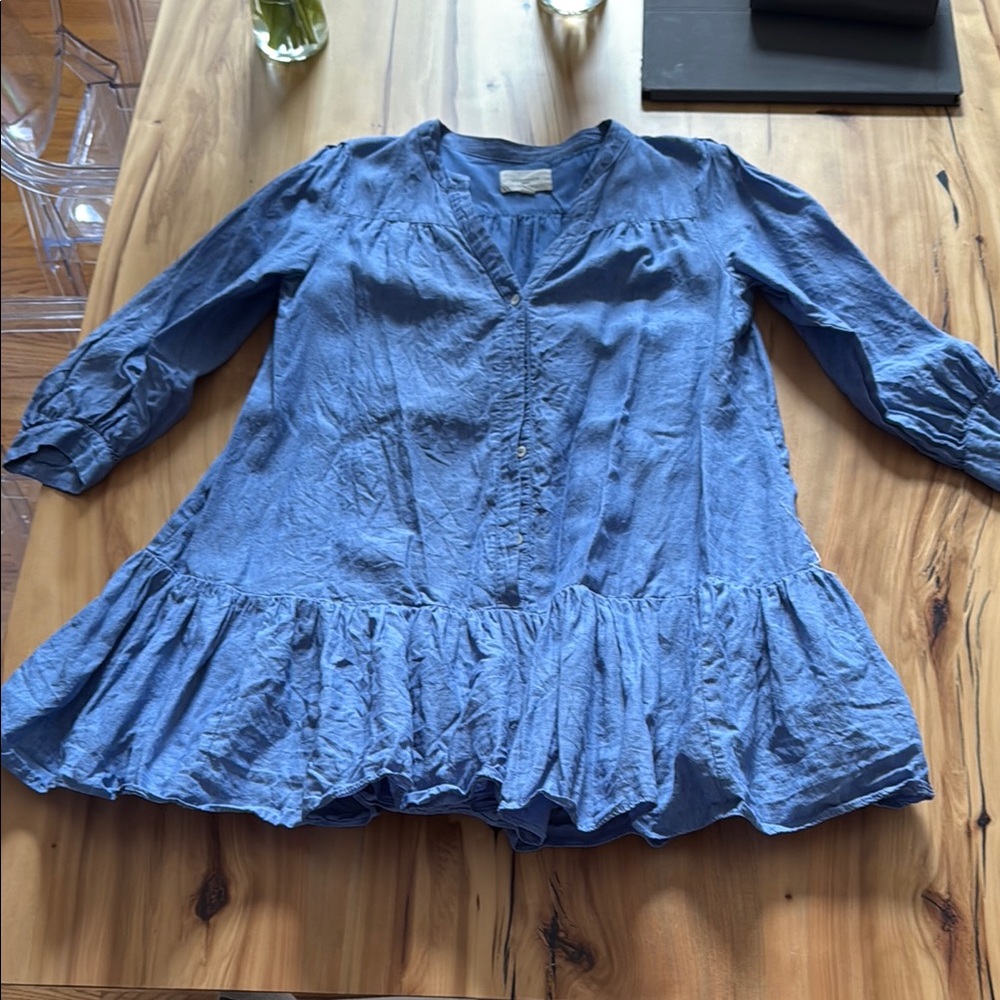 Pomander Place Blue Ruffled Midi Dress with Bishop Sleeves